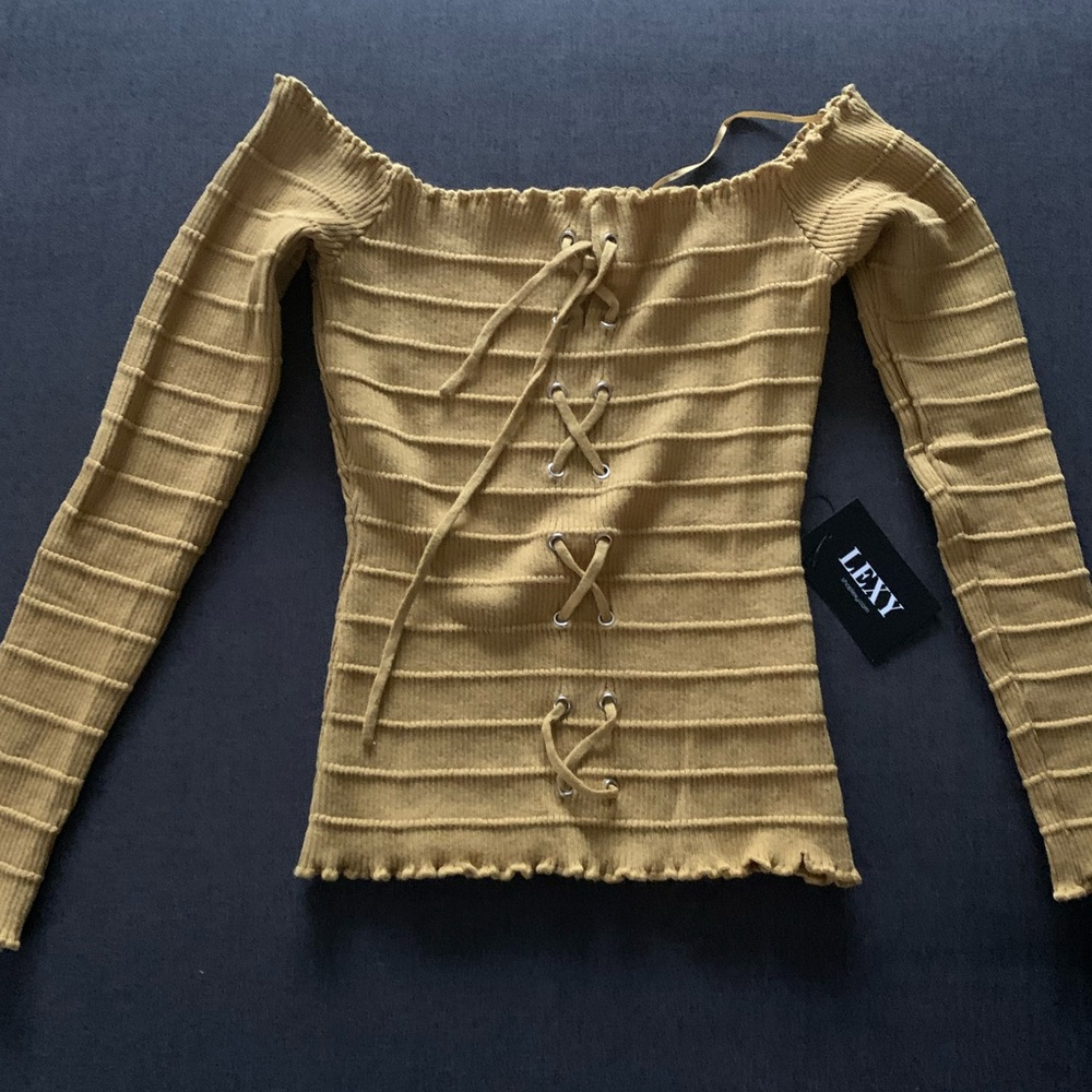 NWT Ambiance Apparel Off-Shoulder Lace-Up Mustard Color Sweater Size Large